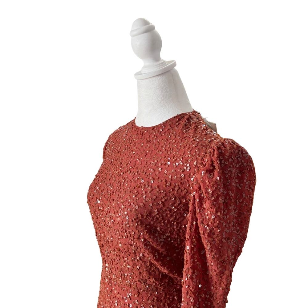 Mac Duggal Long Sleeve Sequin Midi Dress 2 Brick NWT Style 10865 - Picture 4 of 11